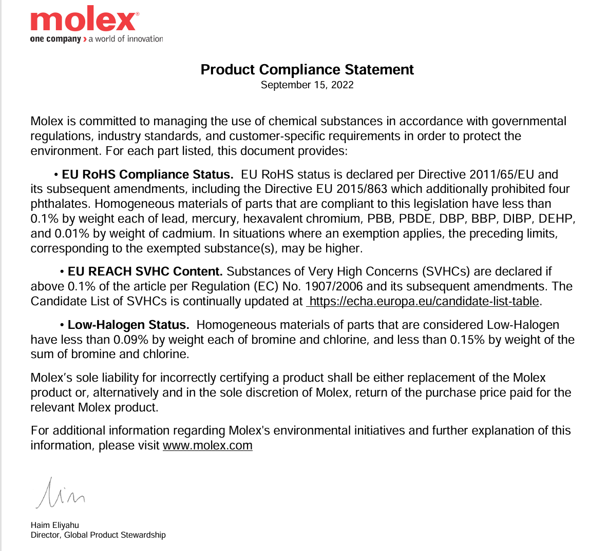 RoHS資料の見本：Molexの製品コンプライアンス声明